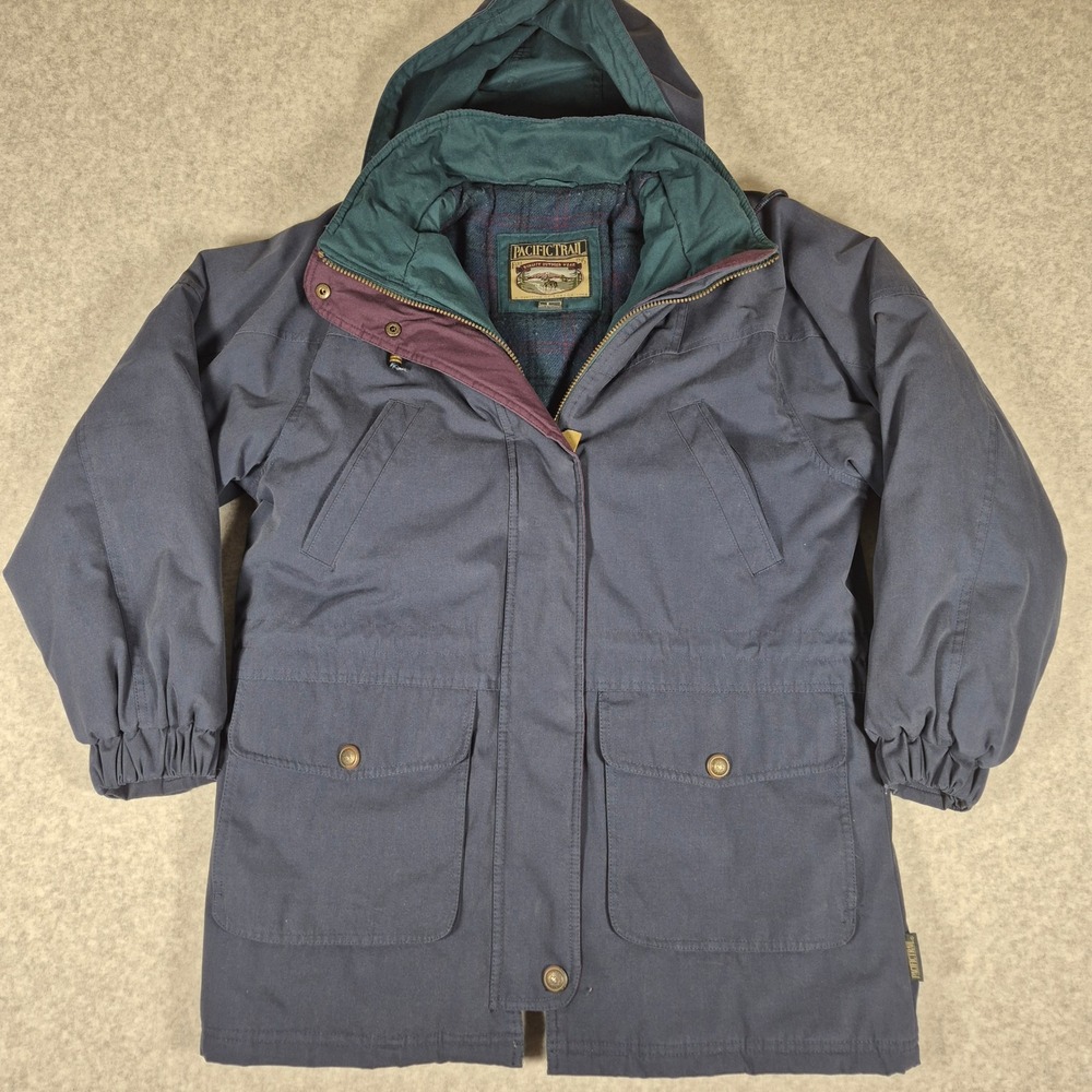 Pacific Trail Parka Jacket Mens Large Navy Blue Plaid Lined Hooded Outdoor Coat